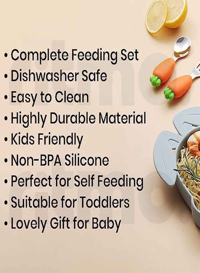 Ritmo Silicone Children Plate Tableware Custom Baby Feeding Set Toddler Feeding Supplies Plates with Fork, Spoon Cutlery Dinner Set for Children (Rabbit Grey) - Image 3