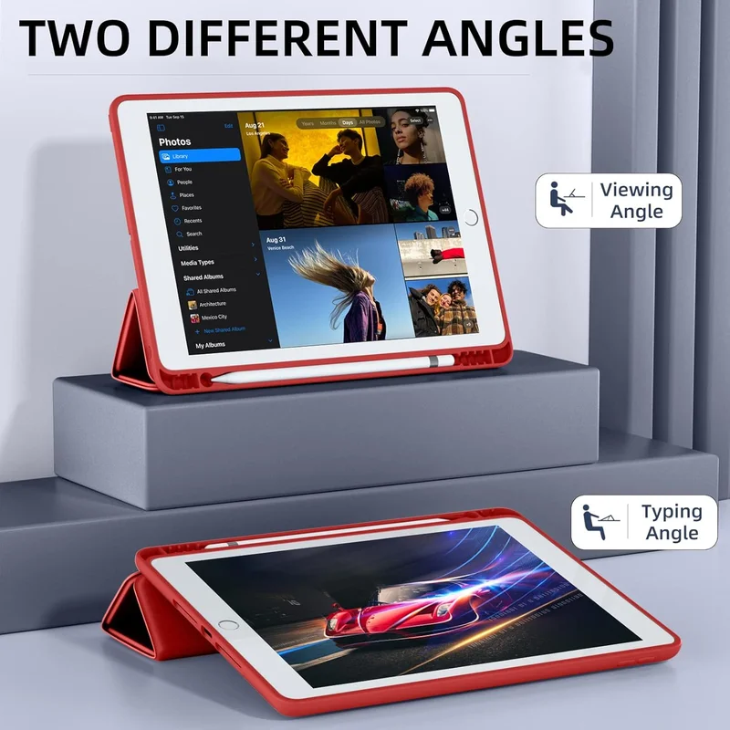 Bluepeak Dark red iPad 10.2 Case Compatible with iPad 9th/8th/7th Generation – Trifold Stand Protective Cover with Pencil Holder, Auto Sleep/Wake, Smart Case - Dark Red  | Best Price UAE