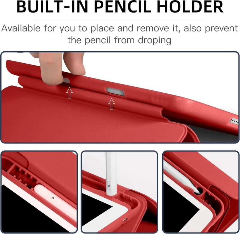 Bluepeak Dark red iPad 10.2 Case Compatible with iPad 9th/8th/7th Generation – Trifold Stand Protective Cover with Pencil Holder, Auto Sleep/Wake, Smart Case - Dark Red  | Best Price UAE