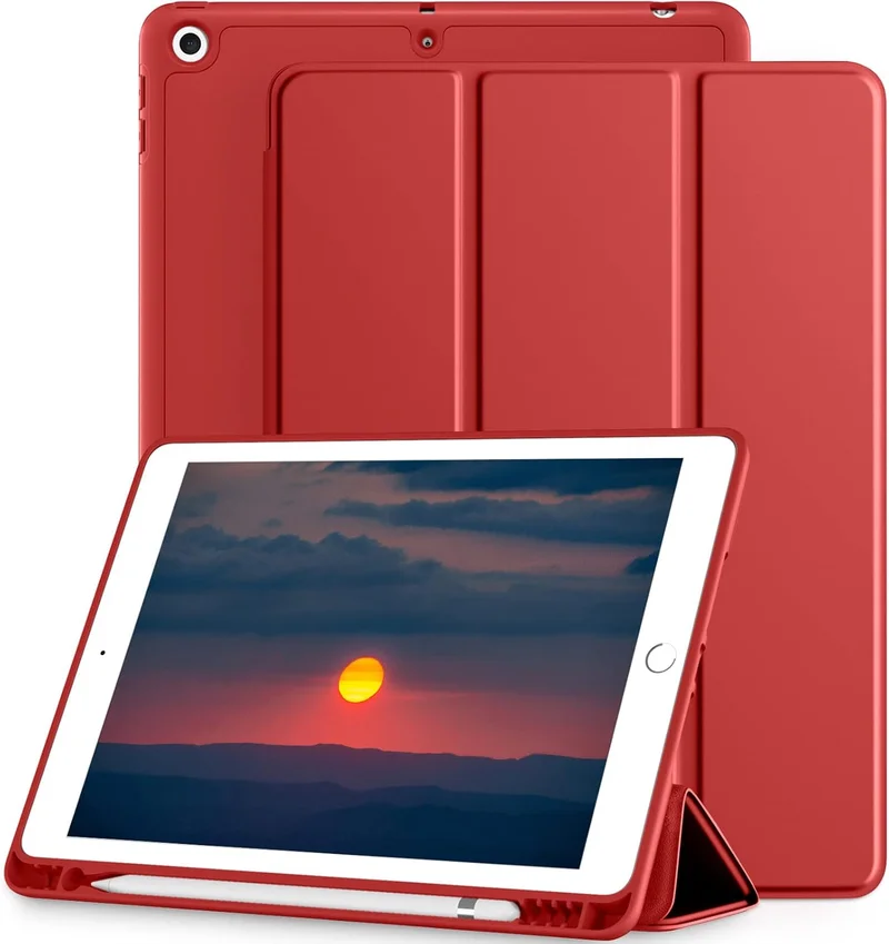 بلو بيك جراب iPad 10.2 متوافق مع الجيل التاسع/الثامن/السابع من iPad - غطاء حماية ثلاثي الطي مع حامل قلم، خاصية التشغيل/الإيقاف التلقائي، جراب ذكي - أحمر داكن