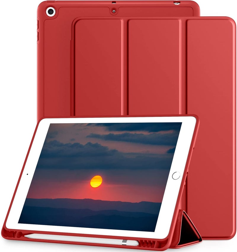 بلو بيك جراب iPad 10.2 متوافق مع الجيل التاسع/الثامن/السابع من iPad - غطاء حماية ثلاثي الطي مع حامل قلم، خاصية التشغيل/الإيقاف التلقائي، جراب ذكي - أحمر داكن - Image 1