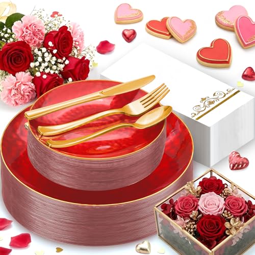 BONSINY 150 Pcs Red Plastic Dinnerware Set for 25 Guests - Red Disposable Plates for Party Birthday Valentines Day Easter Party - Image 1