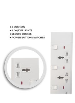 Duravel Duravel 4 Way-Socket Power Strip with Individual Switches, White, Universal Outlets with LED Indicators Without Cable  - Image 3