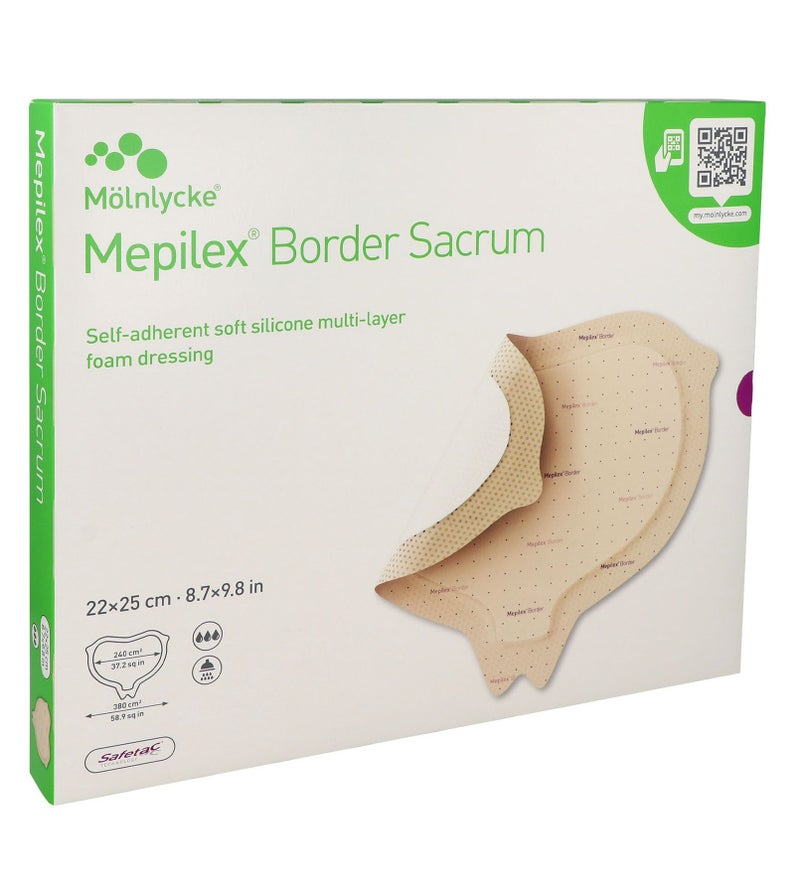 Molnlycke Mepilex® Border Sacrum – Five-Layer Sacral Foam Dressing with Deep Defense® and Safetac® Technology | For Prevention and Treatment of Pressure Ulcers and Moderate to Highly Exuding Wounds - Image 1