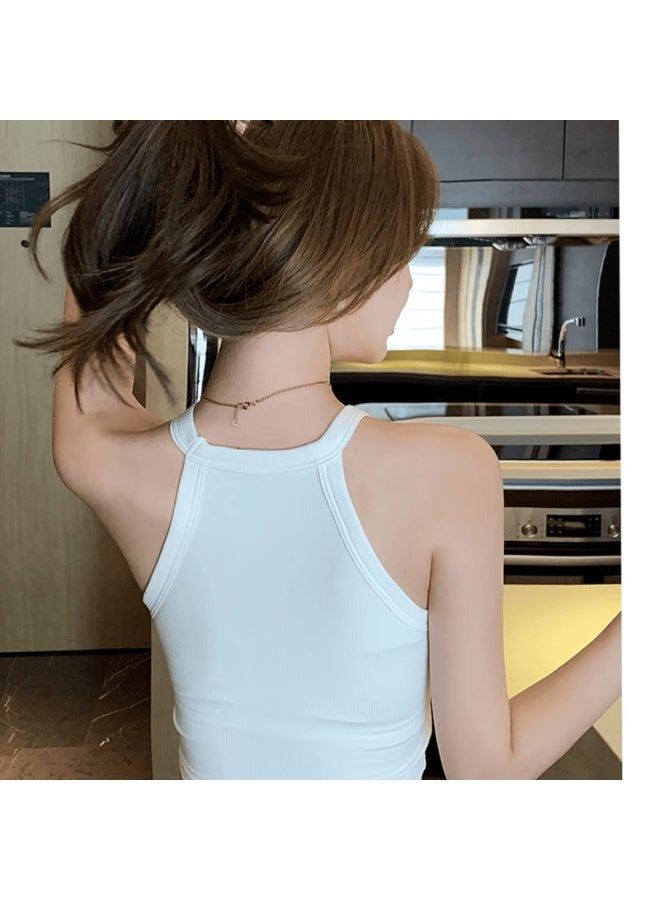 WOODPECKER Wood One-piece Cup Halter Neck Wearable Spring Summer Camisole With Chest Pad Vest For Women White M - Image 2