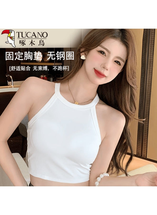 WOODPECKER Wood One-piece Cup Halter Neck Wearable Spring Summer Camisole With Chest Pad Vest For Women White M - Image 1