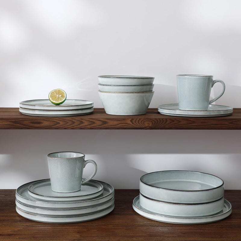 Famiware مجموعة أطباق وأوعية فامي وير أنسي من الخزف لمجموعة عشاء لـ 4 أشخاص 12 قطعة مع حواف مرتفعة مقاومة للكسر والخدش آمنة للاستخدام في الميكروويف وغسالة الصحون باللون الرمادي والأزرق - Image 4