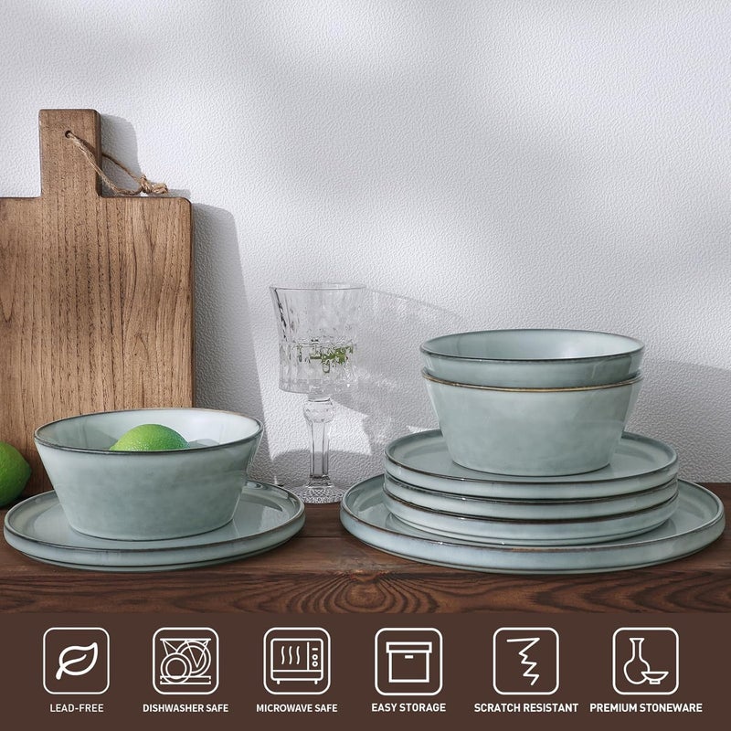 Famiware مجموعة أطباق وأوعية فامي وير أنسي من الخزف لمجموعة عشاء لـ 4 أشخاص 12 قطعة مع حواف مرتفعة مقاومة للكسر والخدش آمنة للاستخدام في الميكروويف وغسالة الصحون باللون الرمادي والأزرق - Image 3