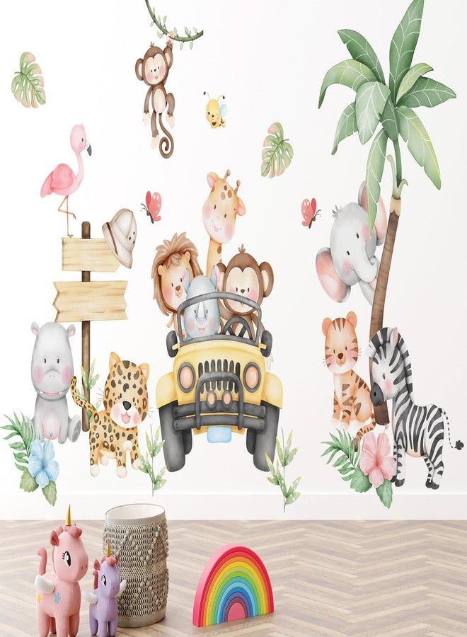 DRWSSR 2 Sheets Removable Cartoon Animal Wall Stickers Watercolor Jungle Animal Wall Stickers DIY Tropical Plants Wall Decals Coconut Tree Wall Art for Boys Girls Bedroom Bathroom Living Room Decor - Image 1