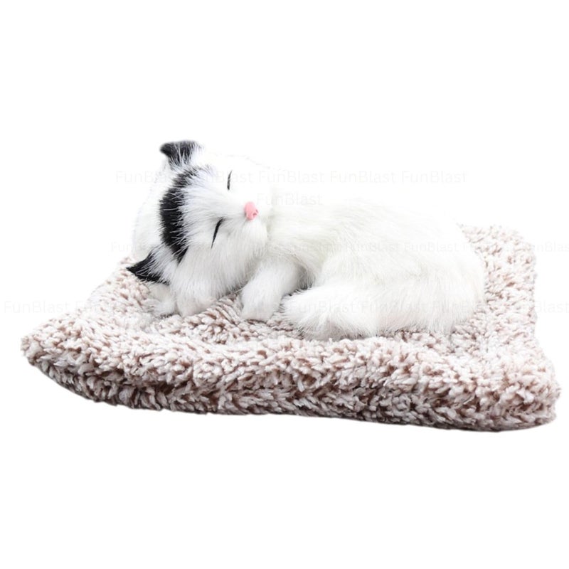 FunBlast Cute Sleeping Cat Plush Toy with Meow Sound, Gift for Kids, Toy Accessories for Car Dashboard (White) - Image 1