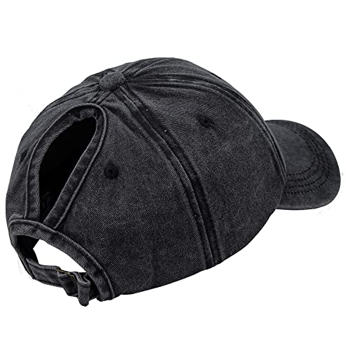 Eohak Ponytail Baseball Hat Distressed Retro Washed Womens Twill Black - Image 5