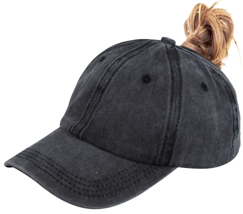 Eohak Ponytail Baseball Hat Distressed Retro Washed Womens Twill Black - Image 1