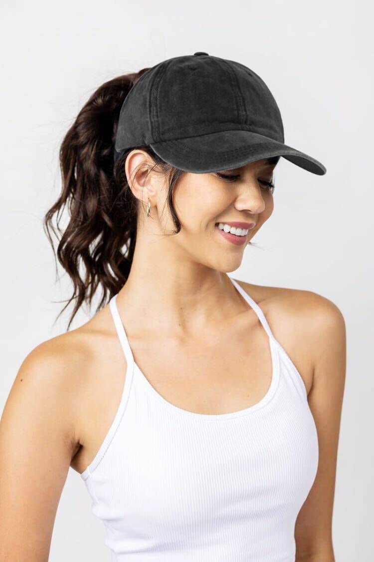Eohak Ponytail Baseball Hat Distressed Retro Washed Womens Twill Black - Image 2