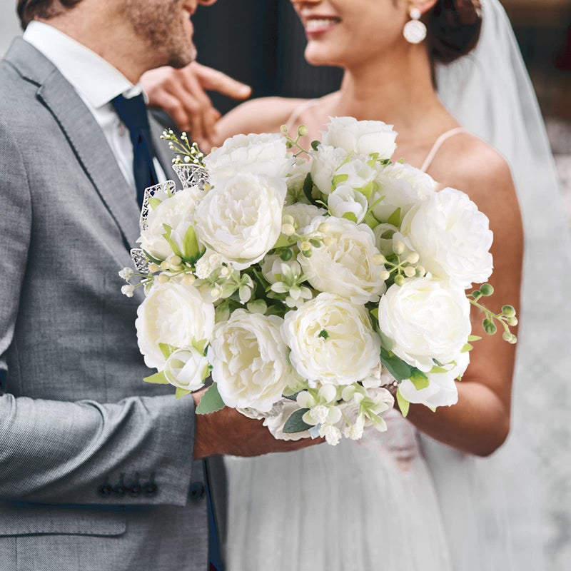 Pusuny 4 Bundles Artificial Peonies Silk Flowers, White Faux Peony Bouquet Florals Arrangements Decor for Farmhouse Home Boho Wedding Table Centerpiece, Fake Plastic Flowers Bulk Vase Decoration (White) - Image 3