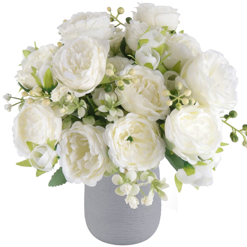 Pusuny 4 Bundles Artificial Peonies Silk Flowers, White Faux Peony Bouquet Florals Arrangements Decor for Farmhouse Home Boho Wedding Table Centerpiece, Fake Plastic Flowers Bulk Vase Decoration (White) - Image 1