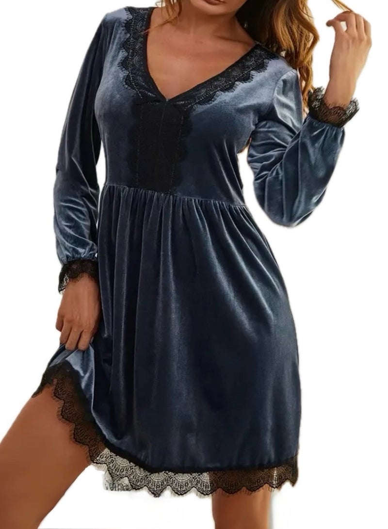 SOLOBUY Blue Velvet Dress With Lace, Long Sleeve, V-neck, Mini - Image 1