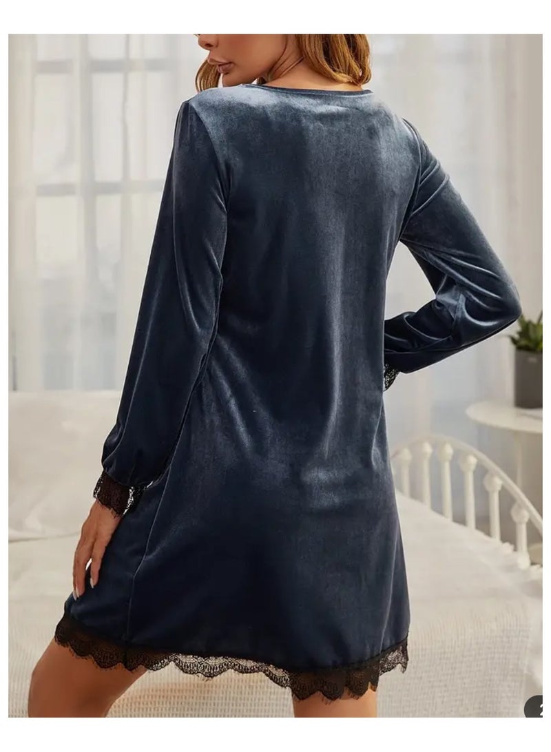 SOLOBUY Blue Velvet Dress With Lace, Long Sleeve, V-neck, Mini - Image 2