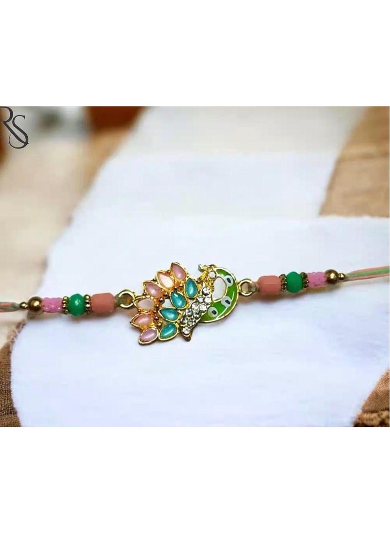 Elegant Peacock Design Rakhi with Multicolor Beads & Sparkling Stonework / RAKSHABANDHAN BHAI RAKHI - Image 1