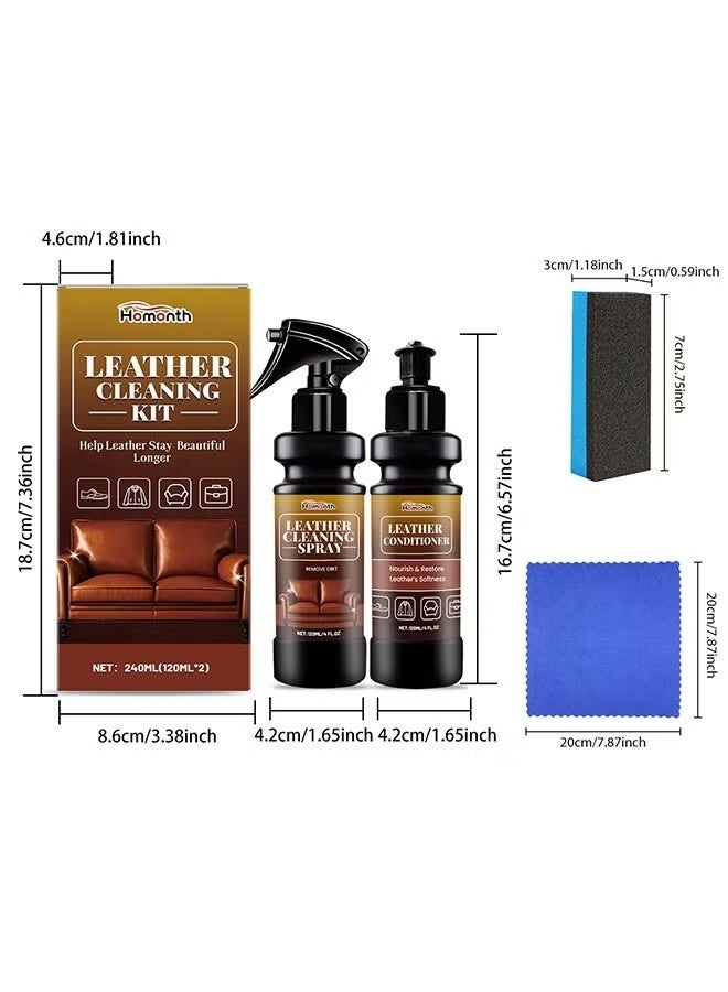 Homonth Leather Cleaning Care Set with Sponge Towel - 120ML Leather Cleaner and 120ML Leather Conditioner - Nourishing Care Shine Renovation Antifouling -Leather Furniture Cleaner for Leather Sofas Car Seats, All Leather Items - Furniture & Chair Restoration Kit - Image 3