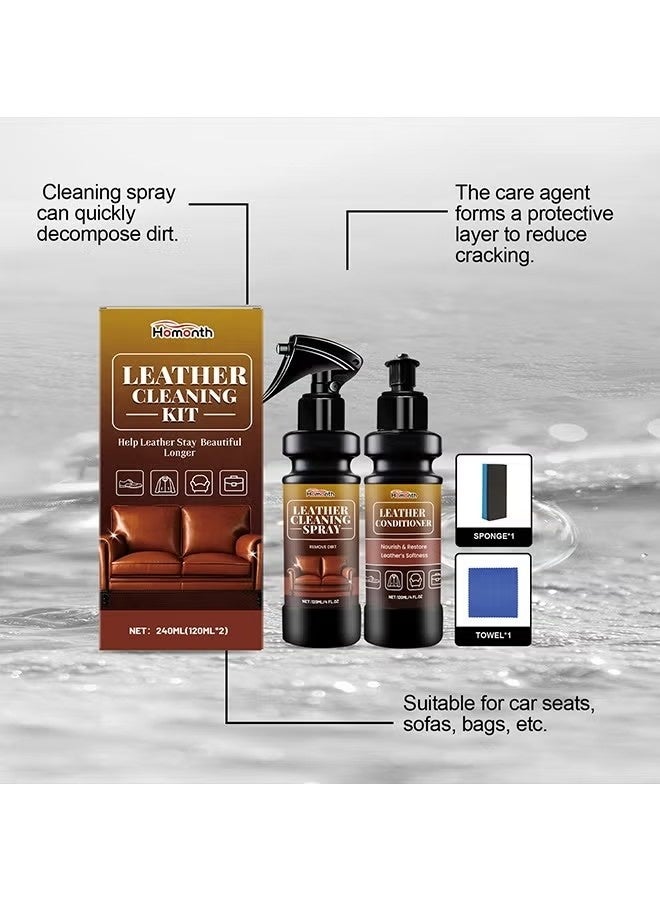 Homonth Leather Cleaning Care Set with Sponge Towel - 120ML Leather Cleaner and 120ML Leather Conditioner - Nourishing Care Shine Renovation Antifouling -Leather Furniture Cleaner for Leather Sofas Car Seats, All Leather Items - Furniture & Chair Restoration Kit - Image 4