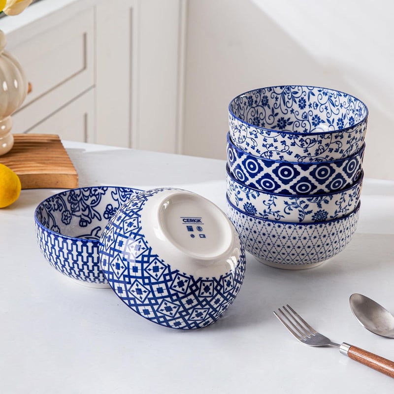Cerkik Ceramic Soup Bowls Set - 23 Oz Deep Cereal Bowl for kitchen - 6 Inch Porcelain Salad Bowl for Pasta  Dessert  Ramen - Microwave Dishwasher Safe - Set of 6 - Vintage Blue - Image 3
