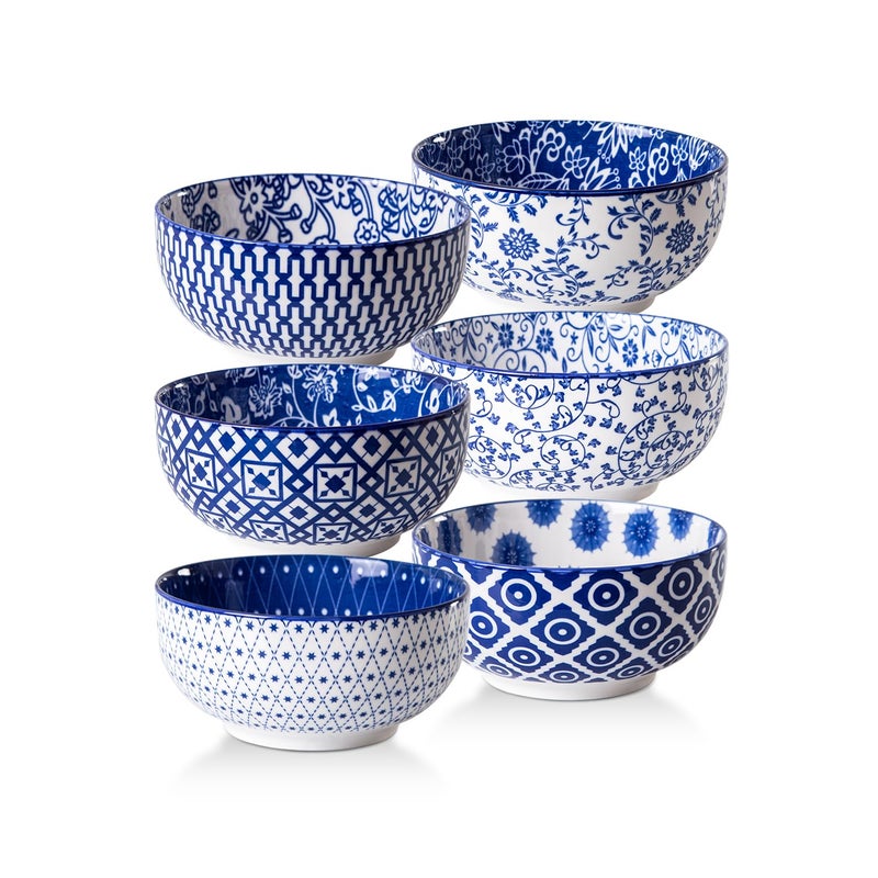 Cerkik Ceramic Soup Bowls Set - 23 Oz Deep Cereal Bowl for kitchen - 6 Inch Porcelain Salad Bowl for Pasta  Dessert  Ramen - Microwave Dishwasher Safe - Set of 6 - Vintage Blue - Image 1