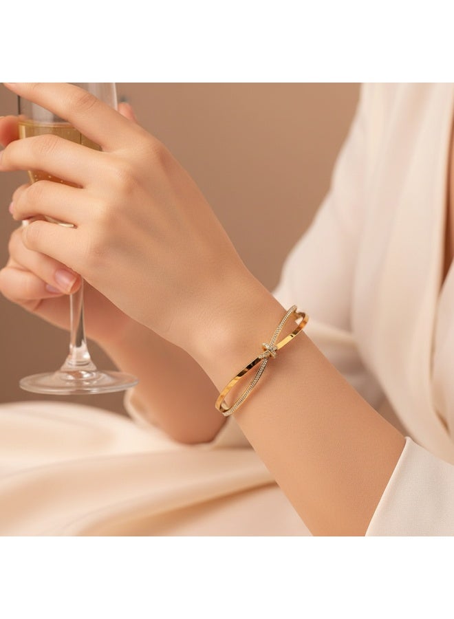 AMETOER Minimalist Women's 18K Gold-Plated Stainless Steel Bracelet - High-Quality Colorfast Jewelry with Diamond-Studded Knot Design - Image 4