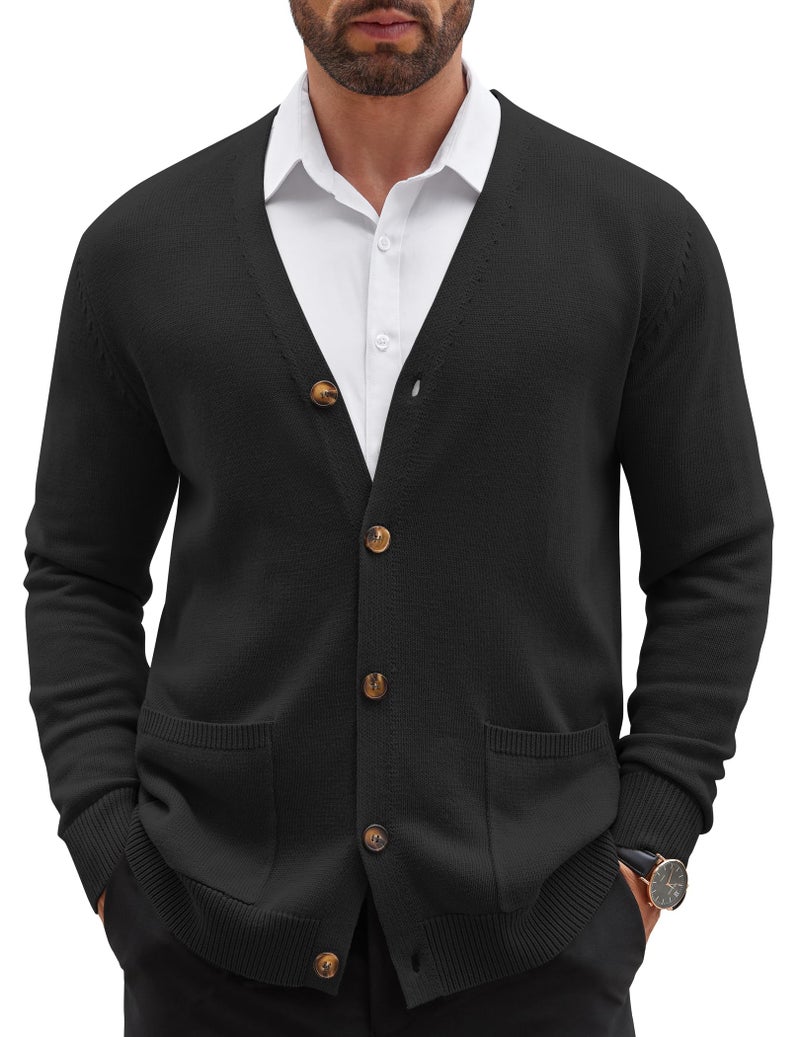 COOFANDY Men's Cardigan Sweater Long Sleeve Casual V Neck Button Down Knitted Sweater with Pockets Black - Image 1