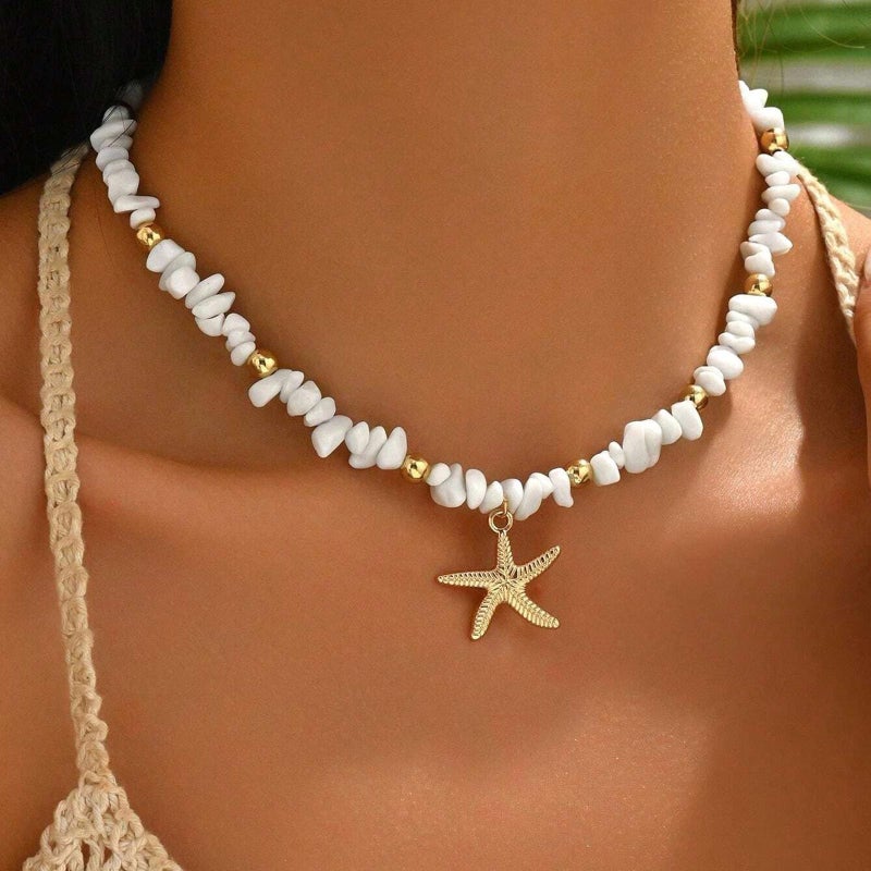 Nackiy Shell Starfish Necklace for Women, 14k Gold Boho Layered Beaded Charm Pendant Necklace, Dainty Adjustable Pearl Conch Summer Beach Vacation Jewelry Gifts(Crush Shell&Starfish) - Image 3