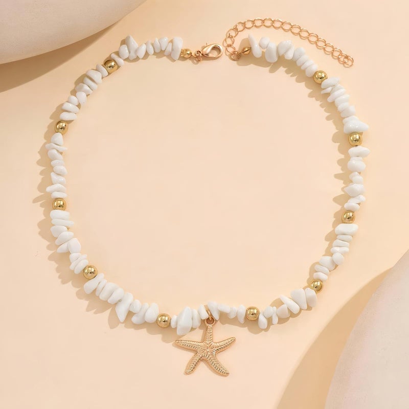 Nackiy Shell Starfish Necklace for Women, 14k Gold Boho Layered Beaded Charm Pendant Necklace, Dainty Adjustable Pearl Conch Summer Beach Vacation Jewelry Gifts(Crush Shell&Starfish) - Image 5