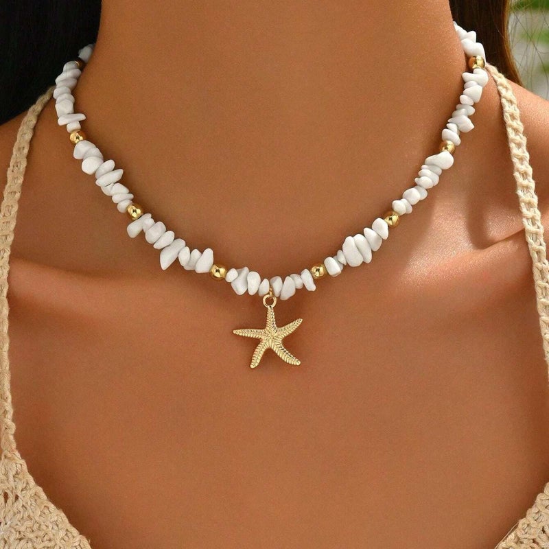 Nackiy Shell Starfish Necklace for Women, 14k Gold Boho Layered Beaded Charm Pendant Necklace, Dainty Adjustable Pearl Conch Summer Beach Vacation Jewelry Gifts(Crush Shell&Starfish) - Image 2