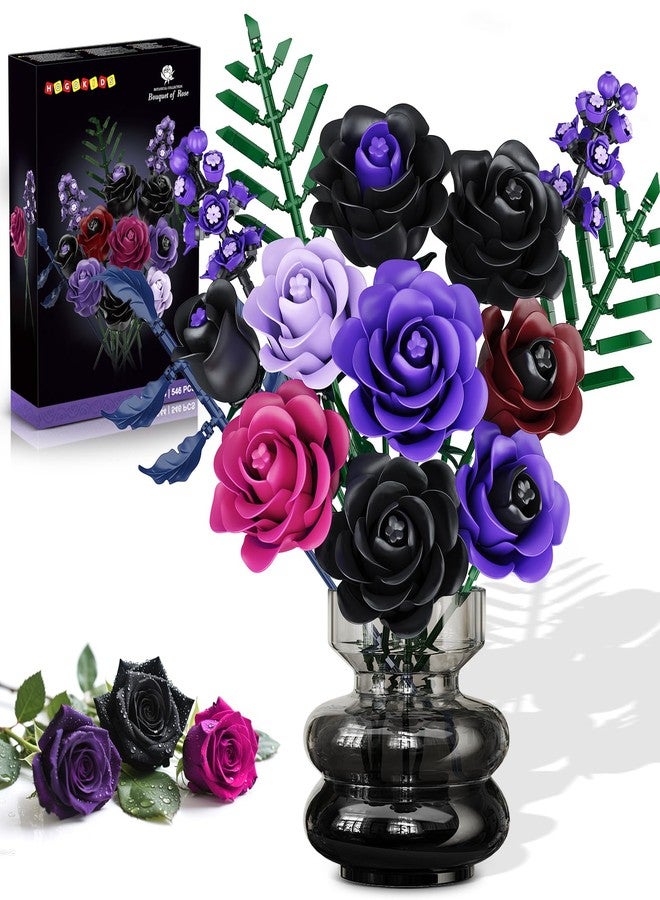 HOGOKIDS Flowers Bouquet Building Set - Halloween 14 Purple Roses Botanical Collection Building Block, 546PCS Artificial Black Rose Gothic Floral Home Office Decor, Birthday Gifts for Women Adults - Image 1