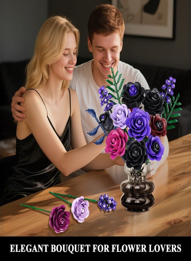 HOGOKIDS Flowers Bouquet Building Set - Halloween 14 Purple Roses Botanical Collection Building Block, 546PCS Artificial Black Rose Gothic Floral Home Office Decor, Birthday Gifts for Women Adults - Image 2