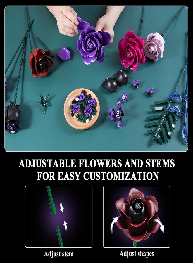 HOGOKIDS Flowers Bouquet Building Set - Halloween 14 Purple Roses Botanical Collection Building Block, 546PCS Artificial Black Rose Gothic Floral Home Office Decor, Birthday Gifts for Women Adults - Image 5