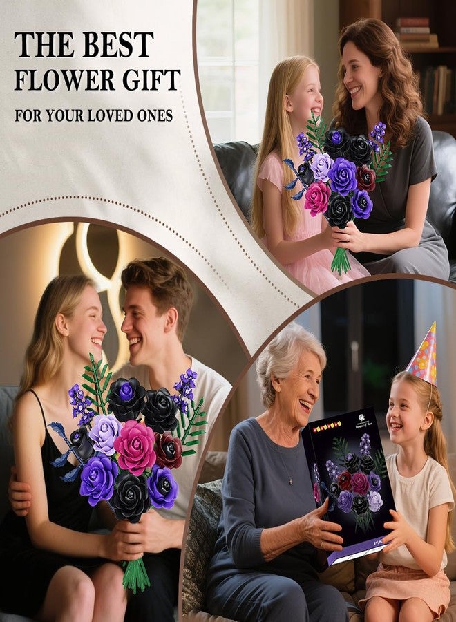 HOGOKIDS Flowers Bouquet Building Set - Halloween 14 Purple Roses Botanical Collection Building Block, 546PCS Artificial Black Rose Gothic Floral Home Office Decor, Birthday Gifts for Women Adults - Image 4
