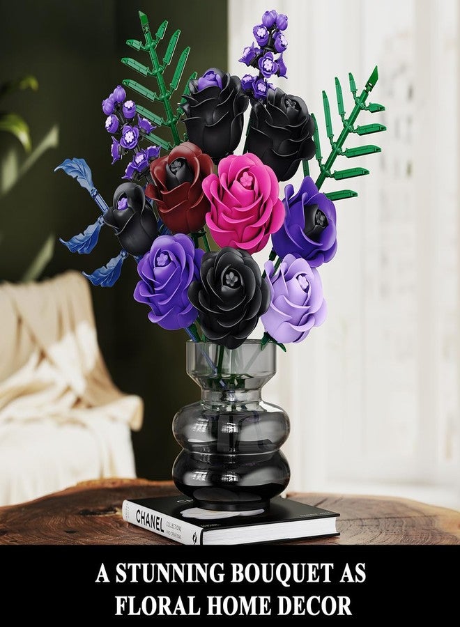HOGOKIDS Flowers Bouquet Building Set - Halloween 14 Purple Roses Botanical Collection Building Block, 546PCS Artificial Black Rose Gothic Floral Home Office Decor, Birthday Gifts for Women Adults - Image 3