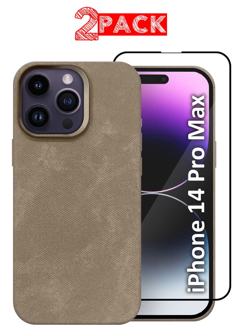 CATANES 2Packs iPhone 14 Pro Max Alcantara Case Cover Premium Quality Luxurious Soft Touch Protection with Metal Camera Frame with a 3D Screen Protector - Desert Titanium - Image 1