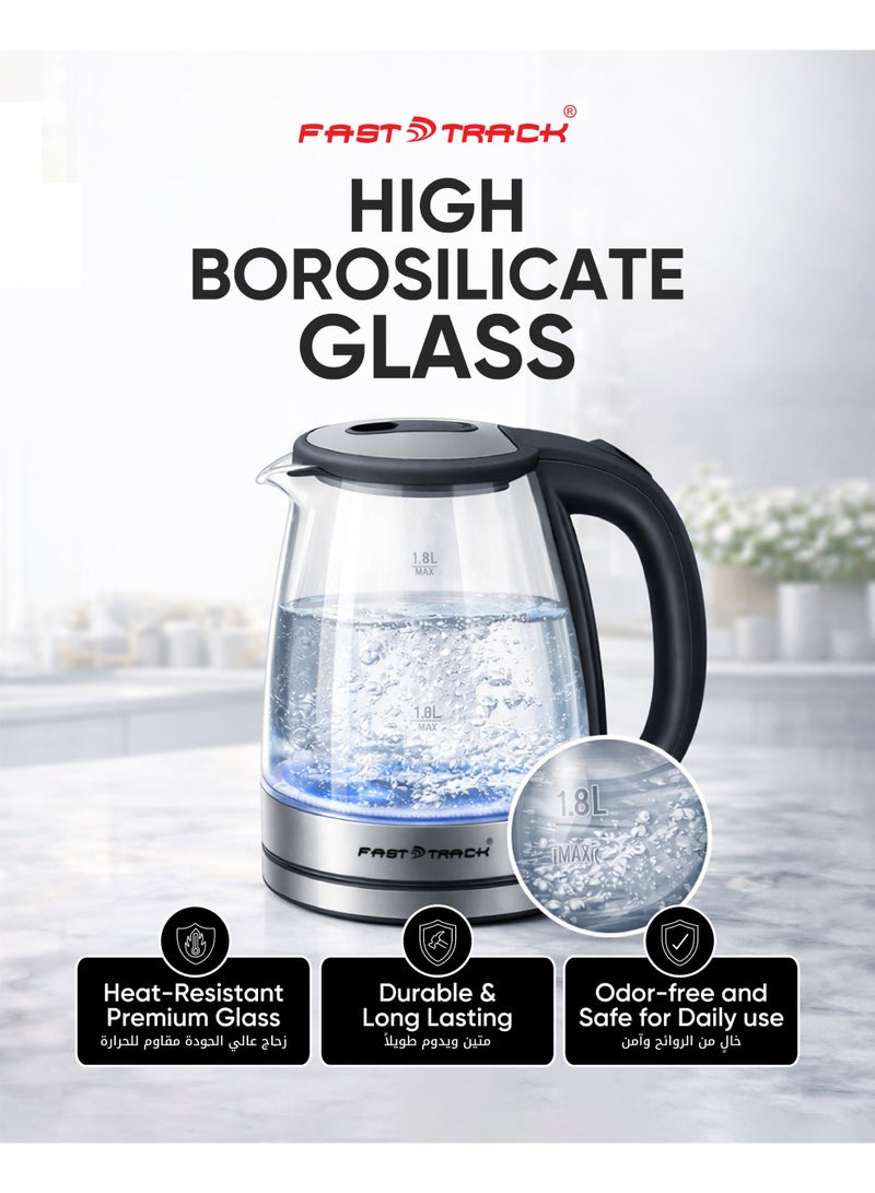 Fast Track Electric Glass Kettle 1.8L 1500W | High Borosilicate Glass | Blue LED Light | 360° Rotational Base | Auto Shut-Off & Boil-Dry Protection | EK-109 Black/Silver - Image 2