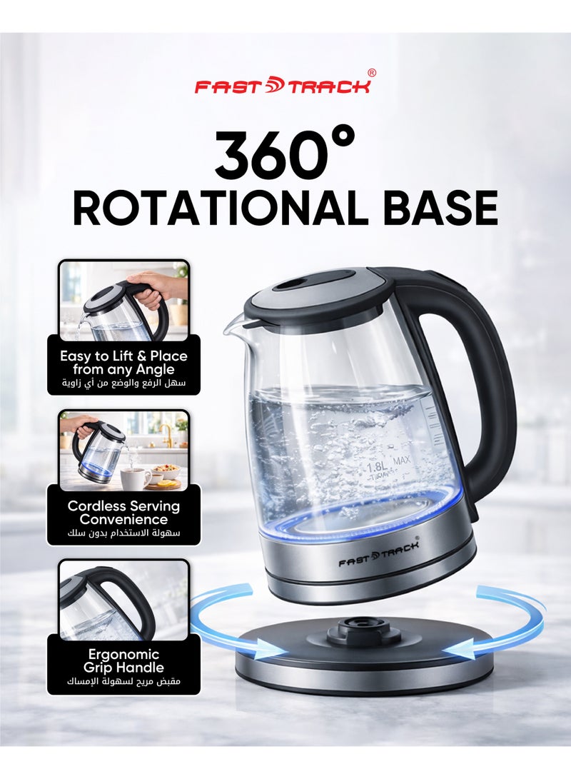 Fast Track Electric Glass Kettle 1.8L 1500W | High Borosilicate Glass | Blue LED Light | 360° Rotational Base | Auto Shut-Off & Boil-Dry Protection | EK-109 Black/Silver - Image 3