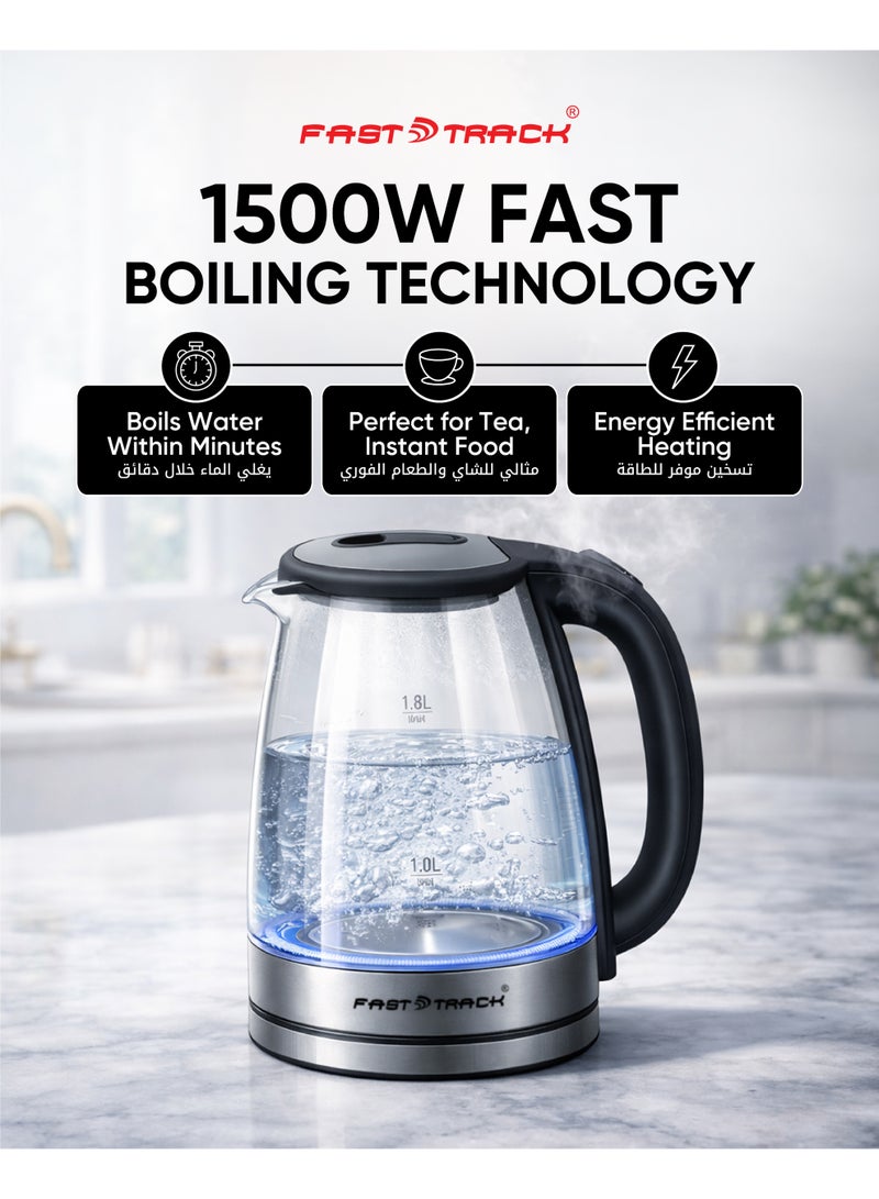 Fast Track Electric Glass Kettle 1.8L 1500W | High Borosilicate Glass | Blue LED Light | 360° Rotational Base | Auto Shut-Off & Boil-Dry Protection | EK-109 Black/Silver - Image 4