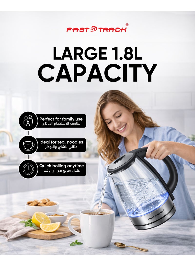 Fast Track Electric Glass Kettle 1.8L 1500W | High Borosilicate Glass | Blue LED Light | 360° Rotational Base | Auto Shut-Off & Boil-Dry Protection | EK-109 Black/Silver - Image 5