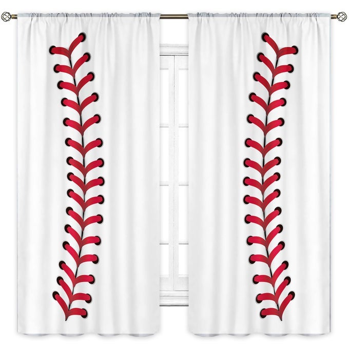 BOYS BASEBALL CURTAINS ROD POCKET 42W X 63L INCH SPORTS RED BASEBALL WALL DECOR FOR KIDS MEN BASEBALL TEXTURE TEEN NURSERY COOL ART PRINTED BEDROOM LIVING ROOM WINDOW DRAPES FABRIC 2 PANELS