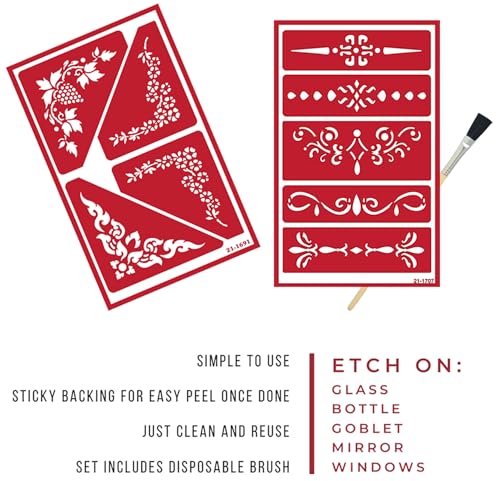 Trendzeen 2 Reusable Glass Etching Stencils - Victorian Corner, Ornate Border Themed Stencil - Vintage, Simple Modern, Classic Theme Design - Set Includes Brush - Image 2