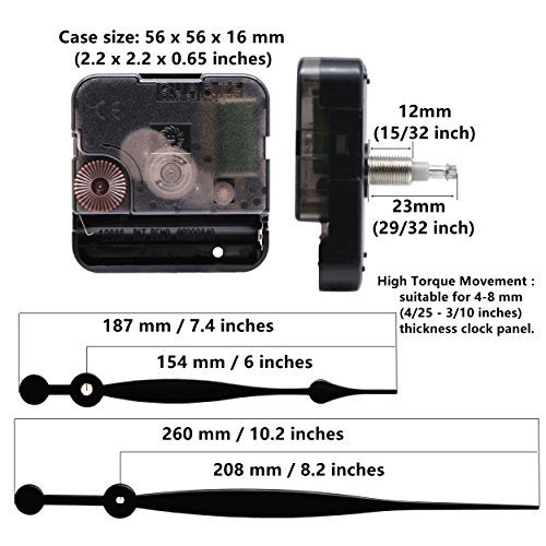TIKROUND Quartz DIY Wall Clock Movement Mechanisms Battery Powered DIY Repair Parts Replacement with 260 mm/ 10.2 Inch Long Spade Hands,3/10 Inch Maximum Dial Thickness,29/32 Inch Total Shaft Length. - Image 2