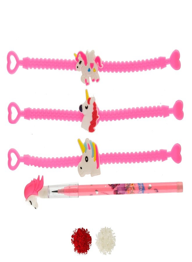 Pride Store Pack of 3 Cute Unicorn Rakhis for kids and 1 cute Pencil with Roli Chawal, Rakhi for Kiddo, Kids, Younger Brother, Bro, Kids, Child, Youngster, Little one, Baby, Baby boy, Baby girl - Image 1
