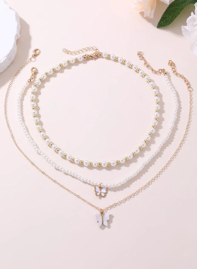 Take Two Pack of 3 - White Pearl and Butterfly Necklace