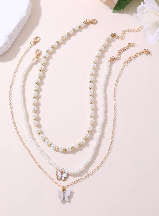 Take Two Pack of 3 - White Pearl and Butterfly Necklace