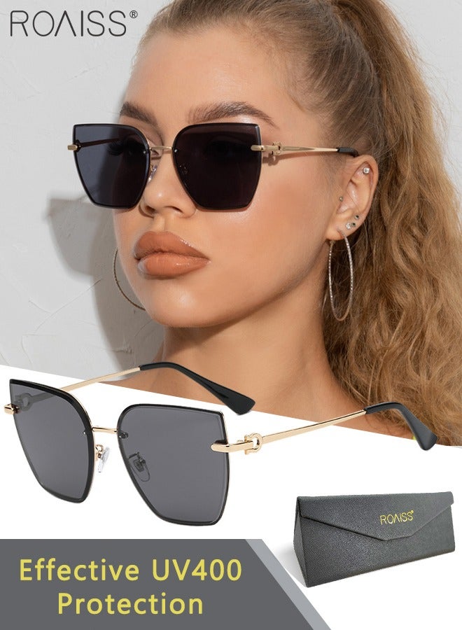 رويس نظارة شمسية مربعة بدون إطار للنساء، نظارة الشمس الواقية من الأشعة فوق البنفسجية 400 مع معابد معدنية، ظلال شمسية عصرية كبيرة الحجم مضادة للوهج مع حافظة النظارة، 61 مم - Image 1