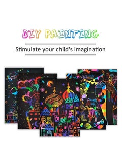Y&D Scratch Art Paper Set for Kids 50 Sheets Rainbow Combo Kit, Black Craft with 5 Wooden Stylus and 4 Template Rulers 1 Brush  - Image 2