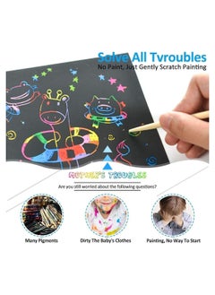 Y&D Scratch Art Paper Set for Kids 50 Sheets Rainbow Combo Kit, Black Craft with 5 Wooden Stylus and 4 Template Rulers 1 Brush  - Image 4